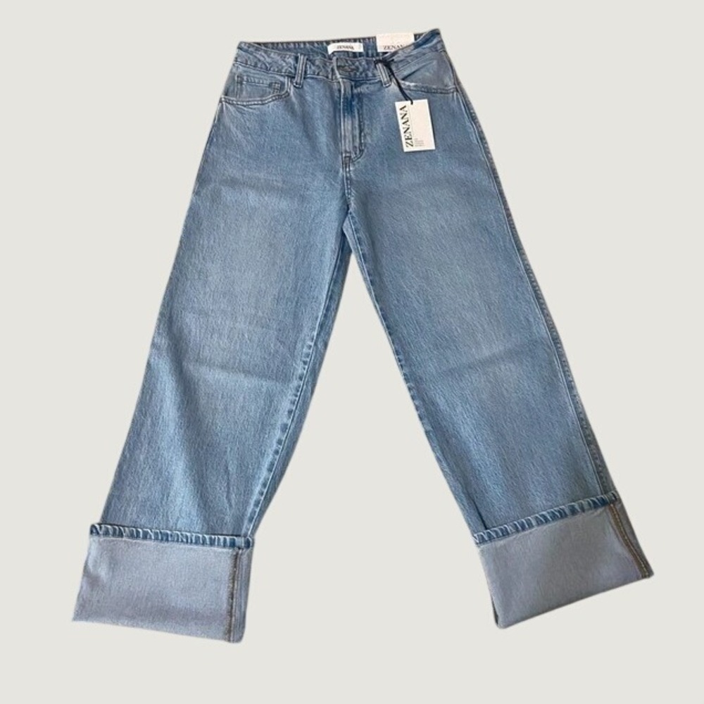 Zenana‎ Womens High Rise Wide Leg Cuffed Jeans Light Wash DTP-9583LL Size 27 NEW